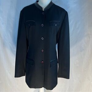 Anne Klein 11 Vintage Coat Black Wool & Leather Thigh Length Made in the USA 12